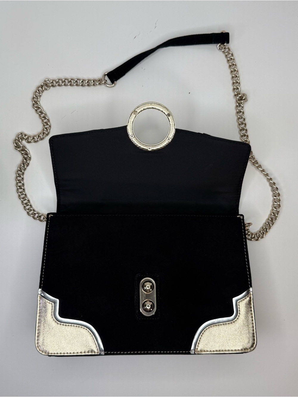 Express Women's Crossbody Mixed Media Black Velvet & Metallic Gold/Silver Bag - Picture 10 of 14